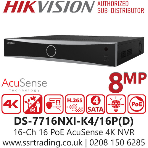 DS-7716NXI-K4/16P(D) Hikvision 16CH 8MP NVR – Built-in 16 PoE Ports, H.265+, Deep Learning Analytics, HDMI/VGA Output, RAID Support, Smart Motion Detection – Ideal for IP CCTV Surveillance in Commercial, Industrial, and Institutional Security Systems