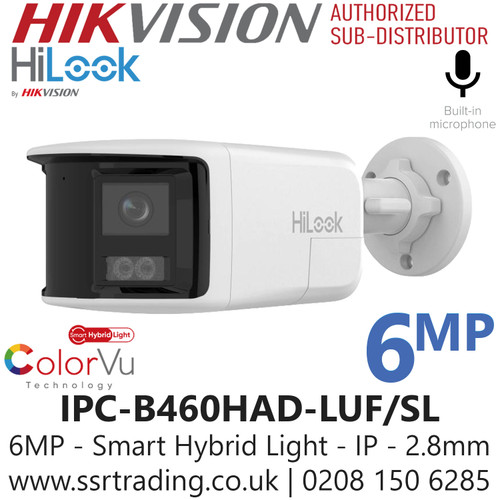 IPC-B460HAD-LUF/SL HiLook 6MP Dual Lens Stitched Wide Angle Smart Hybrid Light Bullet IP PoE Camera – 2.8mm Fixed Lens, H.265+, IR Night Vision, Weatherproof IP67, ONVIF, PoE, Smart Motion Detection, Outdoor CCTV Security, Wide Angle Surveillance 