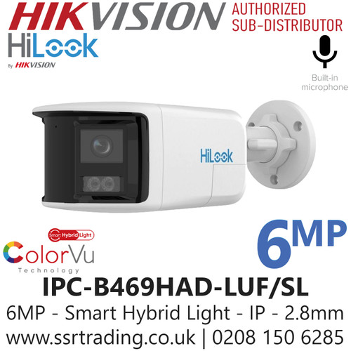 HiLook IPC-B469HAD-LUF/SL (2.8mm) 6MP Dual Lens Stitched Wide Angle Smart Hybrid Light Bullet IP PoE Camera