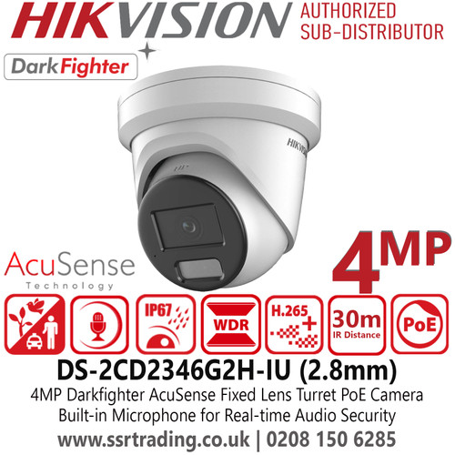 4MP Network Camera, Hikvision Pro Series 4MP Turret IP PoE Camera with Fixed Lens, AcuSense, DarkFighter, Built-in Mic - DS-2CD2346G2H-IU (2.8mm)