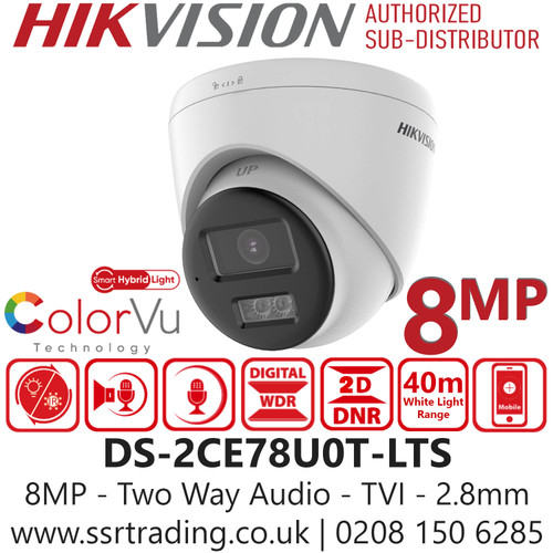 8MP Hikvision TVI Turret CCTV Security Camera – Two Way Audio, 8MP, IR, Smart-Hybrid light, IP67, 40m White Light Range - DS-2CE78U0T-LTS (2.8mm) 