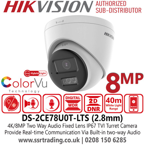 8MP Hikvision TVI Turret CCTV Security Camera – Two Way Audio, 8MP, IR, Smart-Hybrid light, IP67, 40m White Light Range - DS-2CE78U0T-LTS (2.8mm) 