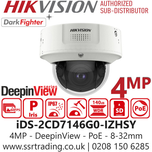 iDS-2CD7146G0-IZHSY (8-32mm) Hikvision 4MP DeepinView IP Dome Camera with - AI Features: Face recognition, people counting, queue management, heat map generation, hard hat detection