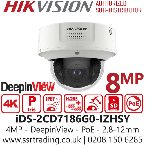 Hikvision IP Dome CCTV Camera 8MP/4K Resolution, AcuSense AI Detection, IR Night Monitoring, 2.8-12mm Motorised Zoom Lens, IP67 & IK10 Rated, NDAA & GDPR Compliant, ONVIF Compatible, Ideal for Commercial Security Systems - iDS-2CD7186G0-IZHSY