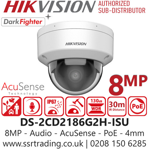 Hikvision DS-2CD2186G2H-ISU (4mm) 8MP/4K IP Network Dome Camera with Built in Mic, Fixed Lens, AcuSense, DarkFighter Technology, IP67 Water and Dust Resistant, IK10 Vandal Resistant, 30m IR Range 