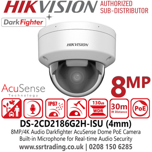 Hikvision DS-2CD2186G2H-ISU (4mm) 8MP/4K IP Network Dome Camera with Built in Mic, Fixed Lens, AcuSense, DarkFighter Technology, IP67 Water and Dust Resistant, IK10 Vandal Resistant, 30m IR Range 