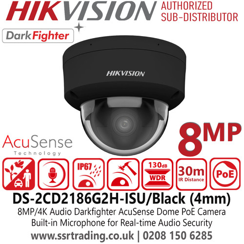 DS-2CD2186G2H-ISU/Black Hikvision 4K Dome PoE IP Camera – Smart IR, Audio, IP67, IK10 Rated, 4mm Fixed Lens