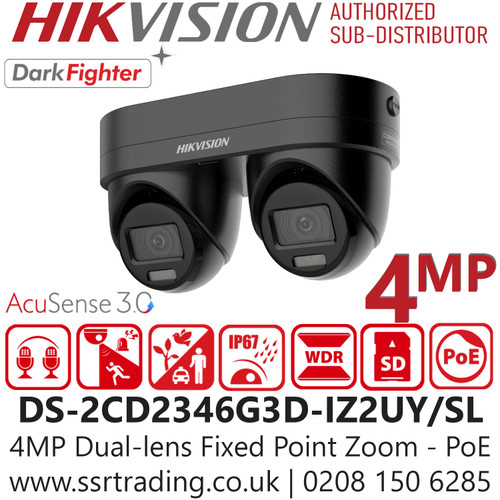 Hikvision DS-2CD2346G3D-IZ2UY/SL/Black (2.8/4mm) 4MP Dual-lens Fixed Point Zoom Turret IP PoE Camera, Anti-corrosion Design (NEMA 4X), Crystal-Clear Audio with Arrayed Dual-Mic