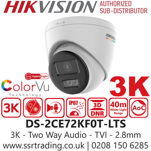 Hikvision 3K/5MP Dome CCTV TVI Camera – 2.8mm Fixed Lens, EXIR Night Vision, Outdoor IP67 Rated - DS-2CE72KF0T-LTS (2.8mm)