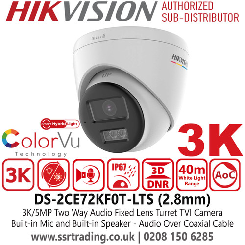 Hikvision 3K/5MP Dome CCTV TVI Camera – 2.8mm Fixed Lens, EXIR Night Vision, Outdoor IP67 Rated - DS-2CE72KF0T-LTS (2.8mm)