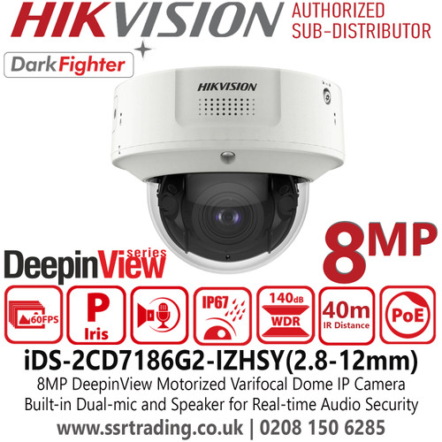 Hikvision iDS-2CD7186G2-IZHSY (2.8-12mm) 8MP/4K DeepinView Motorized Varifocal Lens Dome IP PoE Camera with Two-way Audio - Built in Mic - IP67 Weather and Dust Resistant - IK10 Vandal Resistant - 40m IR Range 