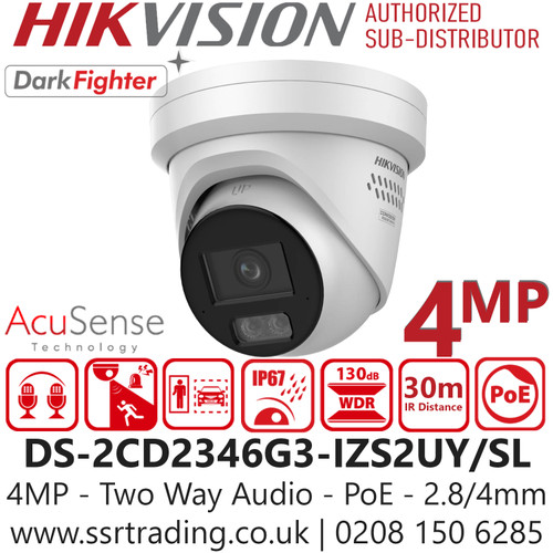 Hikvision DS-2CD2346G3-IZS2UY/SL 4MP Acusense 2.8/4mm in One Lens, Point Vari-focal Lens Turret IP Network Camera with Two-way Audio, Built in Mic