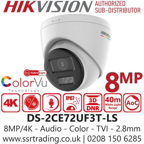 Hikvision 8MP Smart Hybrid Light Audio Turret TVI Camera - Water and Dust Resistant (IP67) - 24/7 Color Imaging with F1.0 Aperture - Built-in mic, High Quality Audio with Audio Over Coaxial Cable - DS-2CE72UF3T-LS (2.8mm)