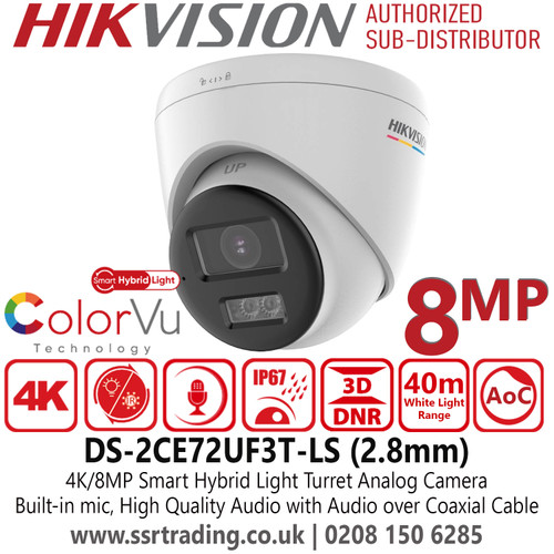 Hikvision DS-2CE72UF3T-LS (2.8mm) 8MP Smart Hybrid Light Audio Turret TVI Camera - Water and Dust Resistant (IP67) - 24/7 Color Imaging with F1.0 Aperture - Built-in mic, High Quality Audio with Audio Over Coaxial Cable 