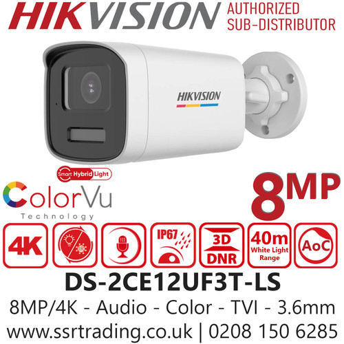DS-2CE12UF3T-LS (3.6mm) Hikvision 4K Smart Hybrid Light Color TVI 8MP Bullet Camera - High Quality Imaging with 4K, 3840 × 2160 Resolution - 24/7 Color Imaging with F1.0 Aperture 