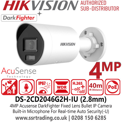 Hikvision DS-2CD2046G2H-IU 4MP AcuSense Mini Bullet IP PoE Camera | Powered by DarkFighter | Built-in Microphone | 120dB WDR | H.265+ Compression | Human & Vehicle Detection | IP67 Waterproof Outdoor CCTV | NDAA & GDPR Compliant | Fixed Lens 2.8mm