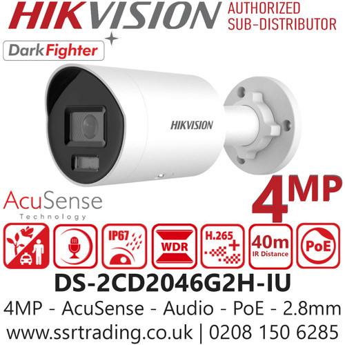 DS-2CD2046G2H-IU Hikvision 4MP AcuSense Mini Bullet IP PoE Camera | Powered by DarkFighter | Built-in Microphone | 120dB WDR | H.265+ Compression | Human & Vehicle Detection | IP67 Waterproof Outdoor CCTV | NDAA & GDPR Compliant | Fixed Lens 2.8mm 