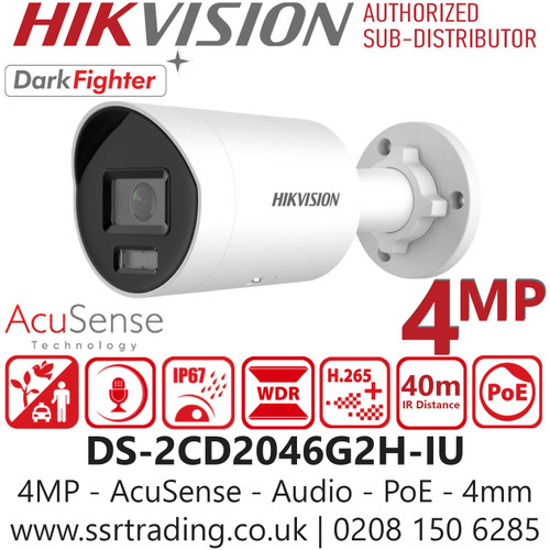 DS-2CD2046G2H-IU (4mm) Hikvision 4MP IP Network CCTV Camera | AcuSense Technology | DarkFighter Low-Light Imaging | Mini Bullet Outdoor Camera | Built-in Microphone | WDR 120dB | H.265+ Video Compression | GDPR & NDAA Compliant 