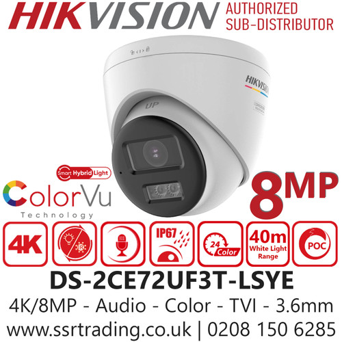 Hikvision 4K/8MP Smart Hybrid Light ColorVu PoC TVI Turret Camera - DS-2CE72UF3T-LSYE (3.6mm)