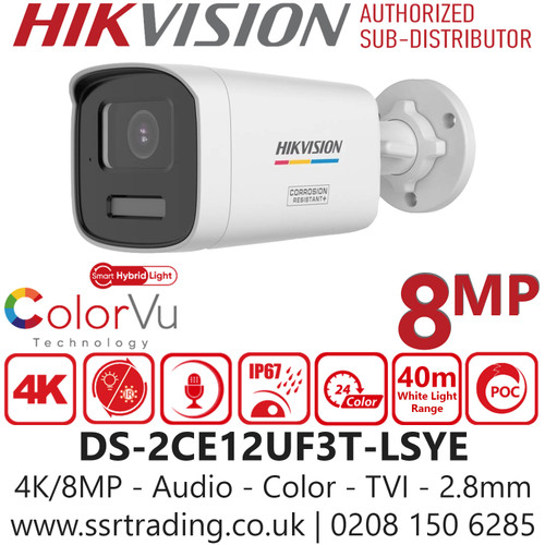 Hikvision 4K/8MP Smart Hybrid Light ColorVu PoC TVI Bullet Camera - DS-2CE12UF3T-LSYE (2.8mm)