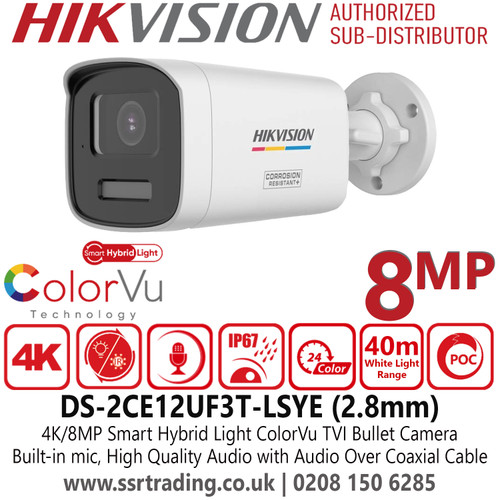 Hikvision 4K Smart Hybrid Light ColorVu PoC TVI 8MP Bullet Camera with Built in Mic, IP67 Water and Dust Resistant, 40m White Light Range - DS-2CE12UF3T-LSYE (2.8mm)