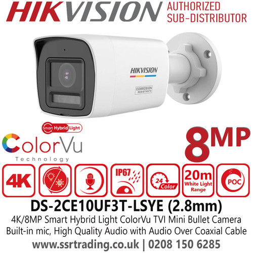 Hikvision DS‑2CE10UF3T‑LSYE 8MP ColorVu Bullet PoC CCTV Camera (2.8mm), Full Colour Night Vision)
