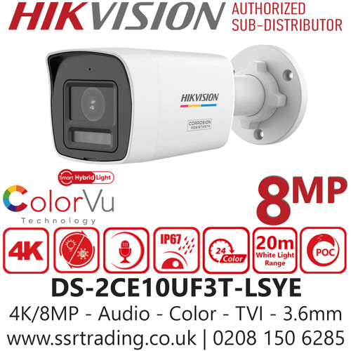 Hikvision 8MP Smart Hybrid Light ColorVu PoC TVI Mini Bullet 4K Camera with 3.6mm Lens, Built-in mic, High Quality Audio with Audio Over Coaxial Cable, IP67 Water and Dust Resistant - DS-2CE10UF3T-LSYE (3.6mm)