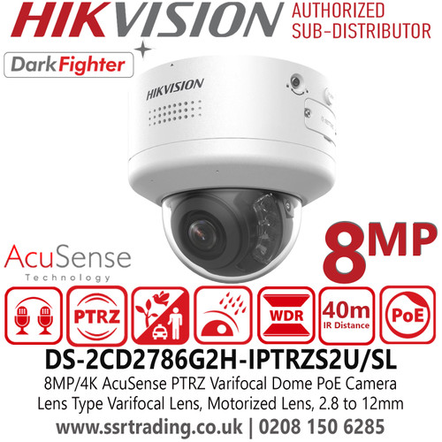 Hikvision DS-2CD2786G2H-IPTRZS2U/SL (2.8-12mm) 8MP AcuSense PTRZ Varifocal Dome IP PoE Camera with Two Way Talk - Audio and Alarm Interface Available - Water and Dust Resistant (IP66) and Vandal Resistant (IK10) 