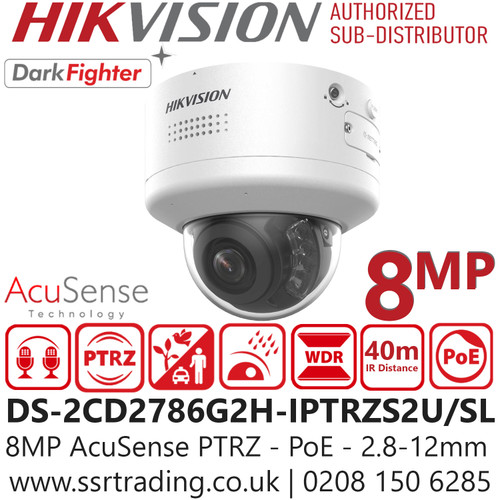 DS-2CD2786G2H-IPTRZS2U/SL (2.8-12mm) Hikvision 4K/8MP AcuSense PTRZ Varifocal Dome IP PoE Camera with Two Way Talk - Audio and Alarm Interface Available - Water and Dust Resistant (IP66) and Vandal Resistant (IK10) 