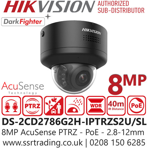 Hikvision DS-2CD2786G2H-IPTRZS2U/SL/Black (2.8-12mm) 8MP/4K AcuSense PTRZ Varifocal Dome IP PoE Camera 