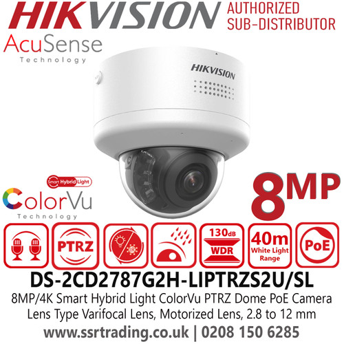 Hikvision DS-2CD2787G2H-LIPTRZS2U/SL (2.8-12mm) 8MP/4K Smart Hybrid Light with ColorVu Motorized PTRZ Varifocal Lens Dome IP PoE Camera 