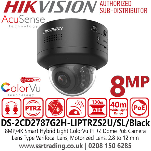 Hikvision DS-2CD2787G2H-LIPTRZS2U/SL/Black (2.8-12mm) 8MP/4K Smart Hybrid Light with ColorVu Motorized PTRZ Varifocal Lens Dome IP PoE Camera 