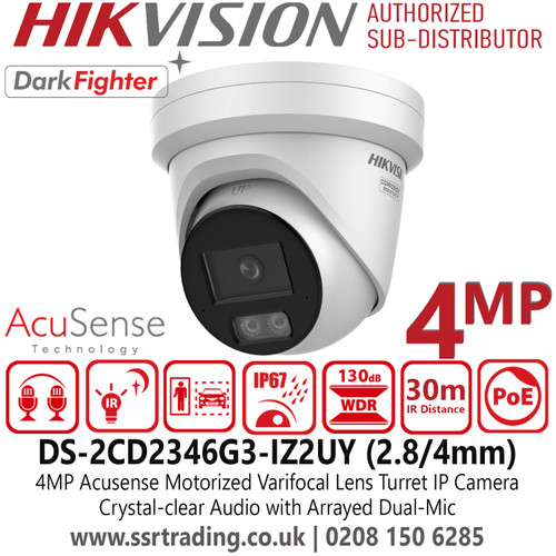 DS-2CD2346G3-IZ2UY (2.8-4mm) Hikvision 4MP Acusense Motorized Varifocal Turret IP PoE Camera -2.8/4mm in One Lens, Point Vari-focal - Crystal-clear Audio with Arrayed Dual-Mic - Water and Dust Resistant (IP67) 