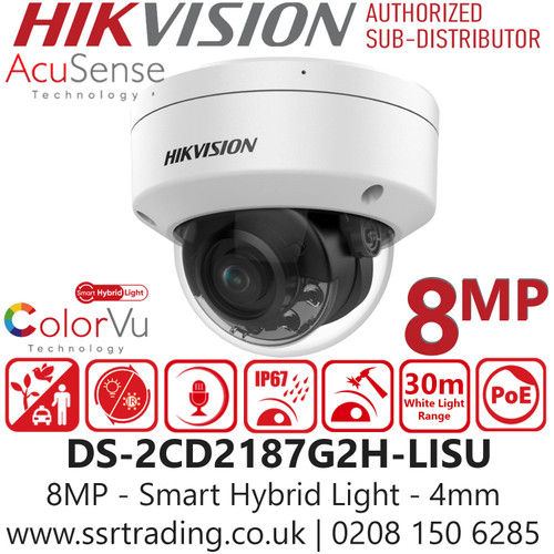 Hikvision 8MP/4K Smart Hybrid Light with ColorVu Mini Dome PoE Camera - DS-2CD2187G2H-LISU (4mm)