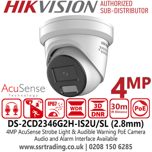 DS-2CD2346G2H-IS2U/SL (2.8mm) Hikvision 4MP AcuSense Strobe Light and Audible Warning Turret IP PoE Camera with 2.8mm Fixed Lens - 30m IR Range - IP67 Water and Dust Resistant - Two Way Talk - Water and Dust Resistant (IP67)