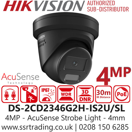 Hikvision 4MP Two Way Audio AcuSense Strobe Light and Audible Warning Turret IP PoE Camera - DS-2CD2346G2H-IS2U/SL/Black (4mm)