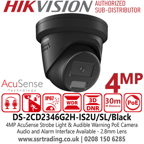 Hikvision 8MP/4K AcuSense Strobe Light and Audible Warning Turret IP PoE Camera with 2.8mm Fixed Lens, 30m IR Range, Two-way Audio, IP67 Water and Dust Resistant- DS-2CD2386G2H-IS2U/SL/Black (2.8mm)