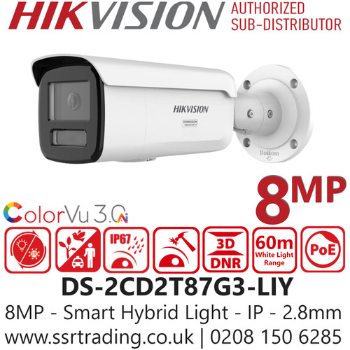 Hikvision PoE IP Camera | High Resolution CCTV Camera | Hikvision ColourVu Technology UK | 2.8mm Fixed Lens | Hikvision Security Monitoring Camera - DS‑2CD2T87G3‑LIY