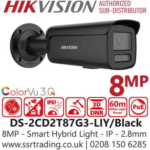 Hikvision 8MP Smart Hybrid Light with ColorVu Bullet IP PoE Camera in Black Color - DS-2CD2T87G3-LIY (2.8mm)