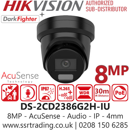 Hikvision 8MP AcuSense Turret IP PoE 4K CCTV Security Surveillance Camera with Built in Mic - DS-2CD2386G2H-IU/Black (4mm)