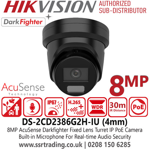 Hikvision 8MP AcuSense Turret IP PoE 4K CCTV Security Surveillance Camera with Built in Mic - DS-2CD2386G2H-IU/Black (4mm)
