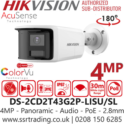 Hikvision DS-2CD2T43G2P-LISU/SL (2.8mm) 4MP Panoramic AcuSense IP Network Bullet Camera with 2.8mm Fixed Lens, 180° Field of View, Smart Hybrid Light Technology, Person & Vehicle Detection, Two-Way Audio, Active Deterrence, Weatherproof Design