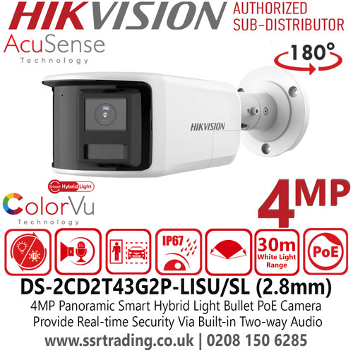 DS-2CD2T43G2P-LISU/SL (2.8mm) Hikvision 4MP Panoramic AcuSense IP Network Bullet Camera with 2.8mm Fixed Lens, 180° Field of View, Smart Hybrid Light Technology, Person & Vehicle Detection, Two-Way Audio, Active Deterrence, Weatherproof Design