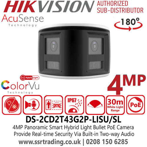 4MP IP Network Bullet Camera by Hikvision DS-2CD2T43G2P-LISU/SL/Black (2.8mm) Smart Hybrid Light Panoramic AcuSense Fixed Lens 4MP Bullet IP Network Camera Color in Black 