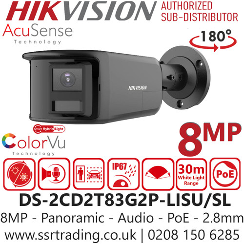 Hikvision 8MP Smart Hybrid Light Panoramic AcuSense Fixed Lens Bullet IP Network Camera Color in Black - DS-2CD2T83G2P-LISU/SL/Black (2.8mm)