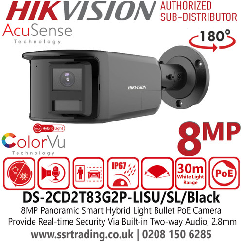 Hikvision 8MP Smart Hybrid Light Panoramic AcuSense Fixed Lens Bullet IP Network Camera Color in Black - DS-2CD2T83G2P-LISU/SL/Black (2.8mm)