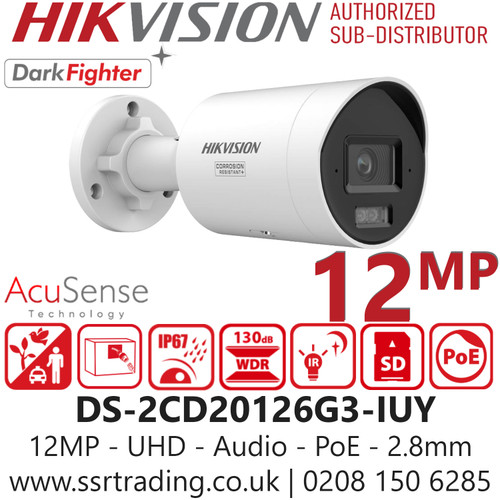 Hikvision 12MP Acusense Bullet UHD IP PoE Camera with 2.8mm Fixed Lens, AI Features: - Person and vehicle classification using deep learning. - Acusense technology for accurate detection and reduced false alarms - DS-2CD20126G3-IUY (2.8mm)