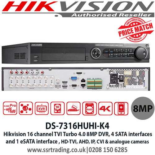 Hikvision 16 Channel 8MP Hybrid DVR, Connectable to HD-TVI, AHD, IP, CVI & analogue cameras, 4 SATA interfaces and 1 eSATA interface - DS-7316HUHI-K4 - Ist
