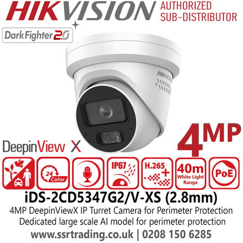 iDS-2CD5347G2/V-XS (2.8mm) Hikvision 4MP DeepinViewX IP PoE Turret Camera for Perimeter Protection with 2.8mm Fixed Lens, IP67 Water and Dust Resistant, Built in Microphone 