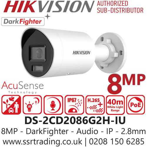Hikvision 8MP Darkfighter Mini Bullet PoE Camera - DS-2CD2086G2H-IU (2.8mm)